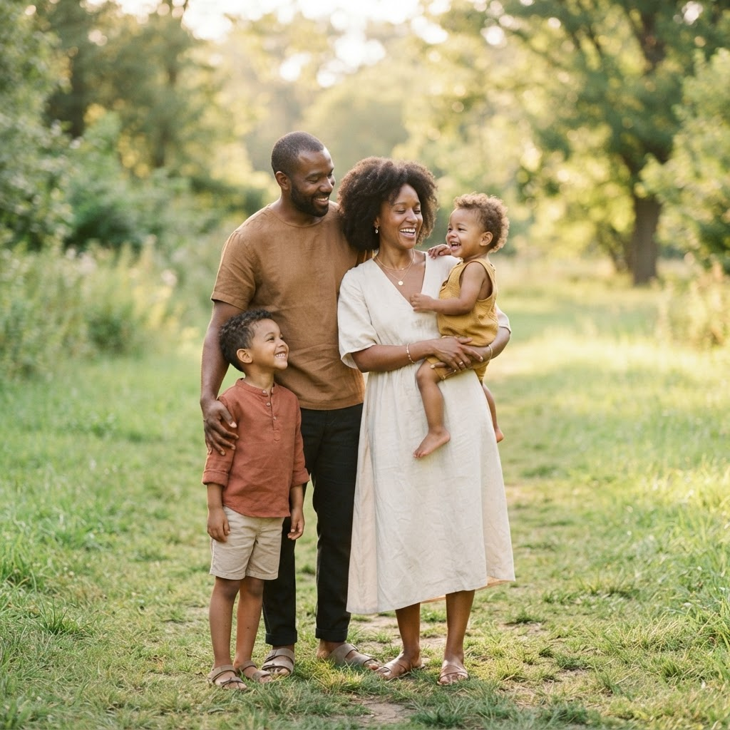 Família vestindo roupas coordenadas da linha família vrtsco